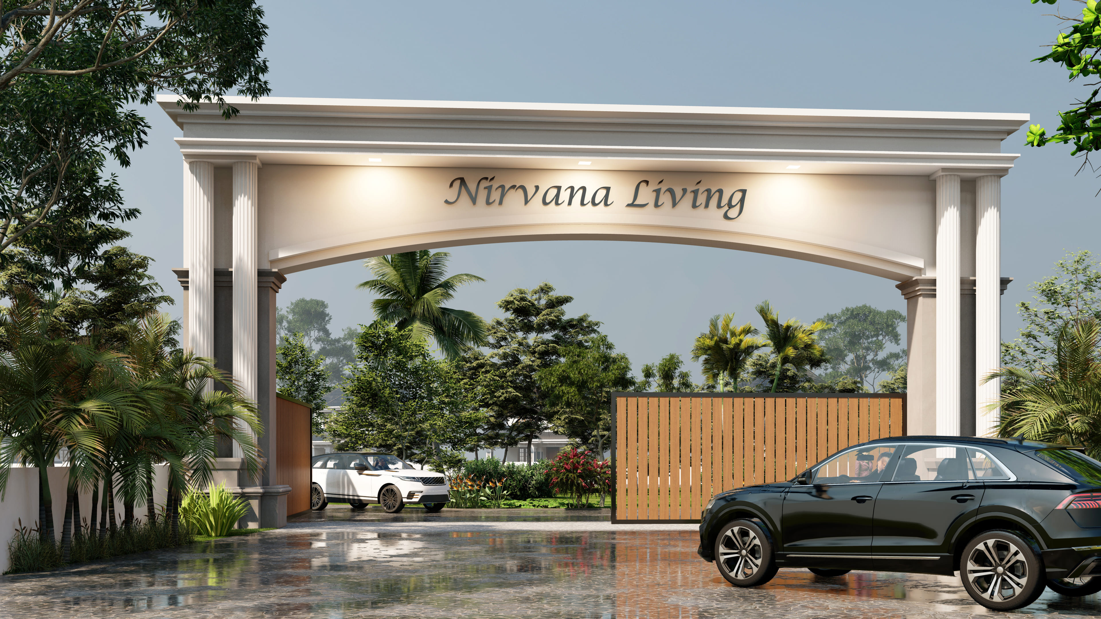 Grand entrance gate of Nirvana Living senior villa community